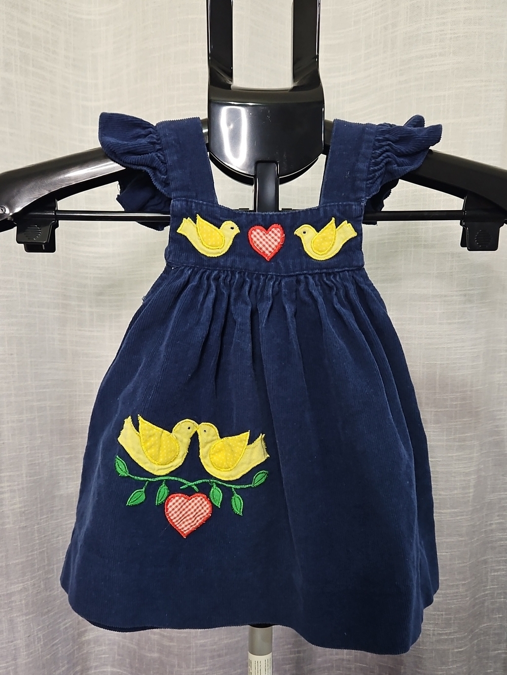 Navy Blue Corduroy Kids Dress with Yellow Bird Appliqué
